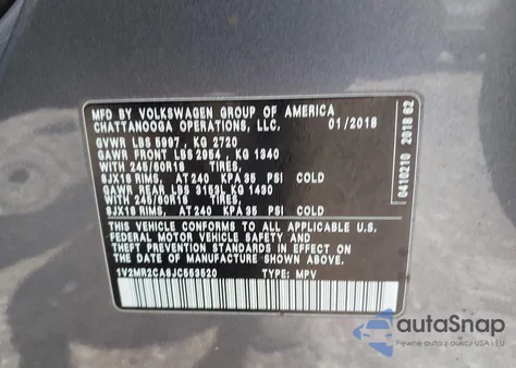 2018 Volkswagen Atlas 3.6L V6 Sel from USA, damaged, VIN 1V2MR2CA8JC553520